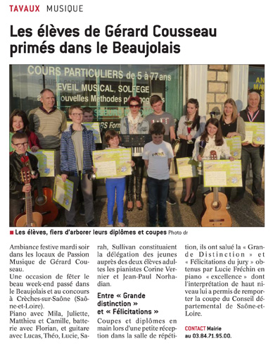 Les Ã¨lÃ¨ves de Passion Musique primÃ©s dans le Beaujolais